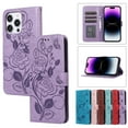 thumbnail image 2 of Case for iPhone 13 Pro Max Wallet Case for Women with Card Holder Butterfly Embossed Clover Rose Flower Flip PU Leather Magnetic Phone Cover Kickstand with Lanyard For iPhone 13 Pro Max, Purple, 2 of 8
