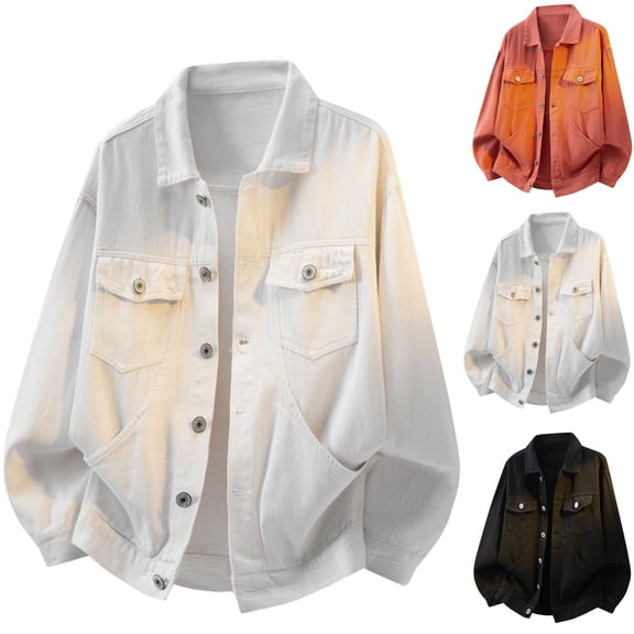 Liweisiy Button Down Jean Jackets For Mens Lapel Collar Solid Color Relaxed Fit Denim Coat Vintage Casual Loose Coat With Pockets White L