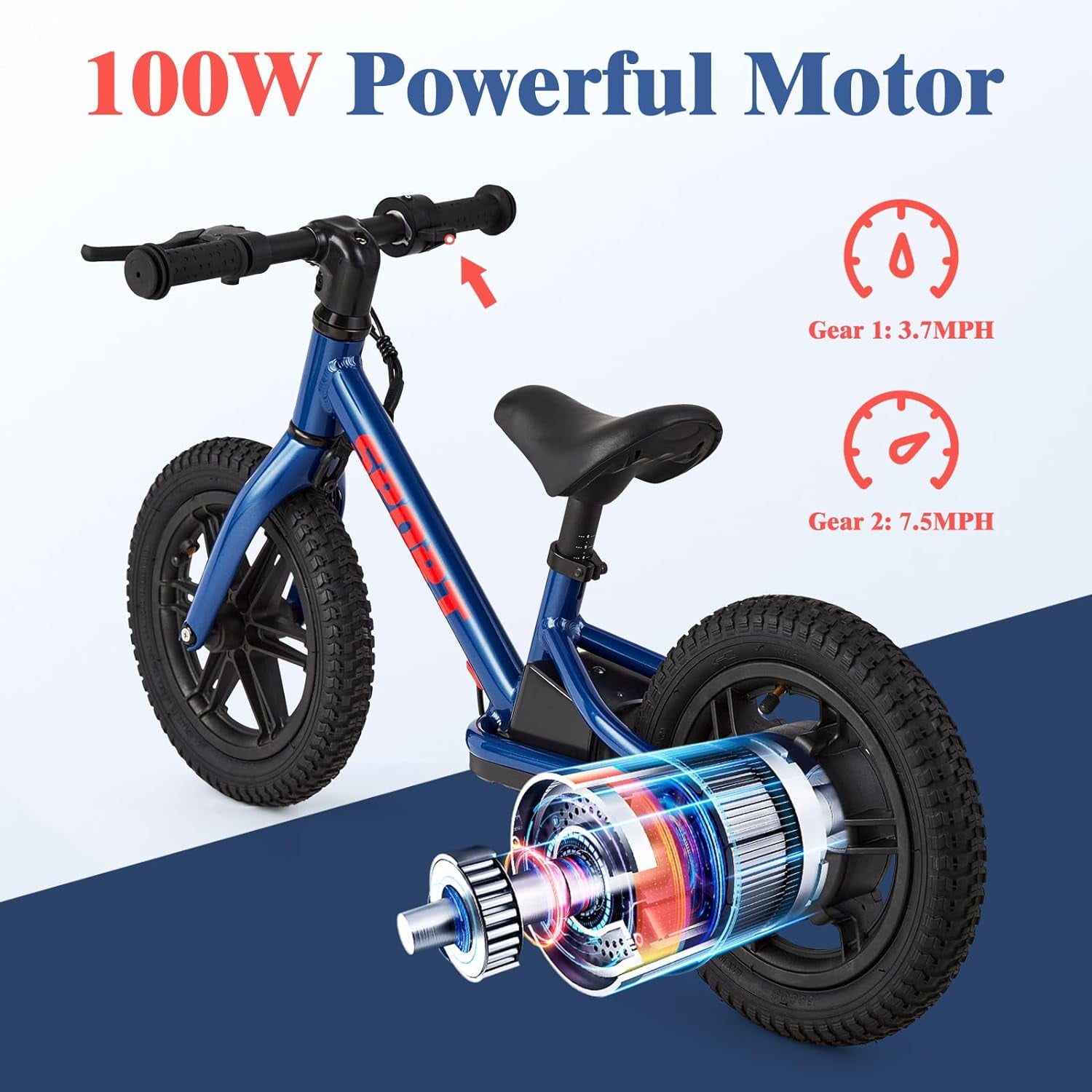 Rugerasy 24V 100W Electric Balance Bike for Ages 3-5,12in E-Dirt Bike with Inflatable Tires,Adjustable Seat & Training Wheels Option,Blue
