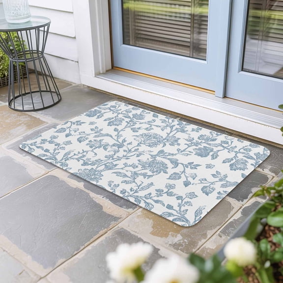 Light Blue Flower Door Mat Indoor Outdoor, Vintage Farmhouse Boho Leaf Spring Non Slip Welcome Mat with Rubber Backing, Absorbent Fabric Front Door Mats Entryway Rug for Home Patio Entrance 16"x24"