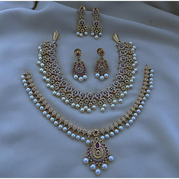 South Indian Bollywood Gold Plated AD CZ White Stone Haaram Matte Finish Brass 2-Combo Necklace Set with Matching Drop Earrings – Bridal & Party Wear Jewelry