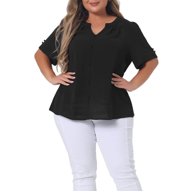 Camisa de oficina con botones y cuello en V arrugado para mujer de tallas grandes Agnes Orinda 2X negra