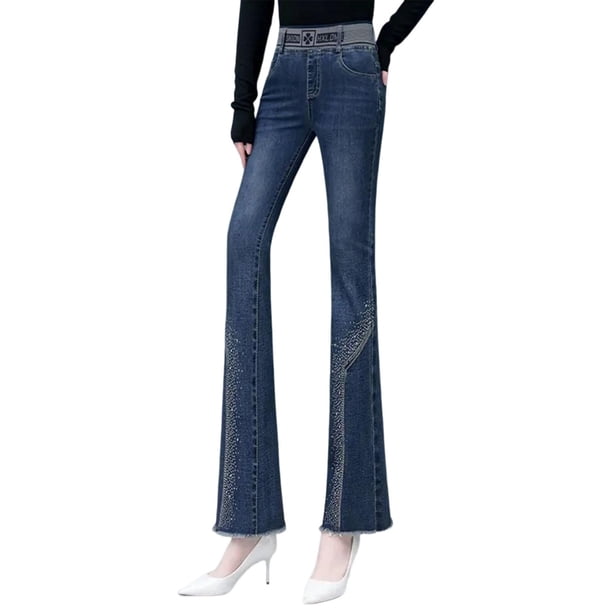 Jean de Mezclilla de Moda Yinane Pantalones Elásticos Rectos Acampanados para Mujer Cintura Alta Azul Oscuro