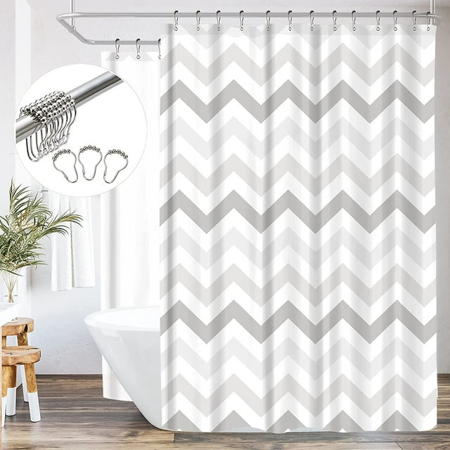 HTOOQ Panneau de Rideau de Douche sur Pieds 180x70 Pouces Tout Autour Ovale Rond Autoportant Circulaire Gris Blanc Chevron Polyester Ensemble Extra Large Imperméable avec 32 Crochets de Douche en Métal