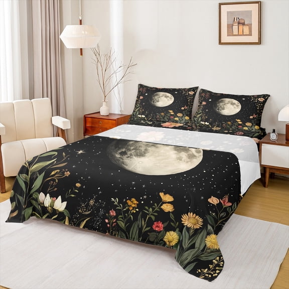 Homewish Chic Flowers Twin Sheet Sets 3pcs for Female Men Women,Vintage Aesthetic Twin Fitted Sheet Microfiber,Botanical Plants Breathable Flat Sheet,Starry Sky Breathable Flat Sheet