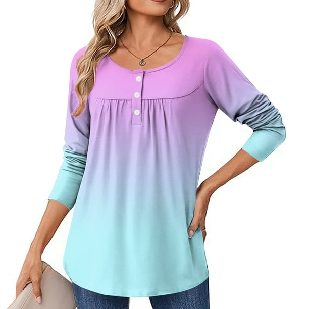 Neewe Women Tops Loose Fit Long Sleeve Round Neck Button T Shirts Business Casual Blouses Dressy Fall Fashion Work Clothes