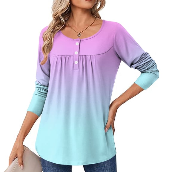 jobturf Henley Shirts for Women Casual Loose Pleated Front Tunic Tops Soft Comfy Basic Tees Fall Spring Fashion Gradient Long Sleeve Blouses