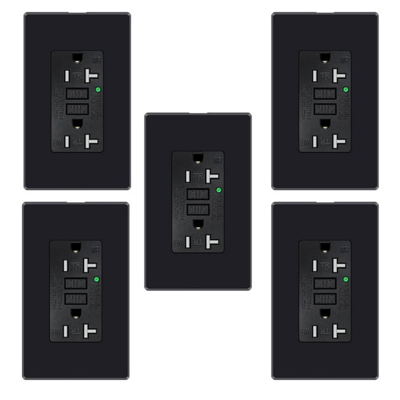 GREENCYCLE 5PK 20A / 125V Tamper Resistant Weather Resistant GFCI Outlets with LED Indicator Decorative Wall Plates Screws Included Residential and Commercial Grade ETL Certified black