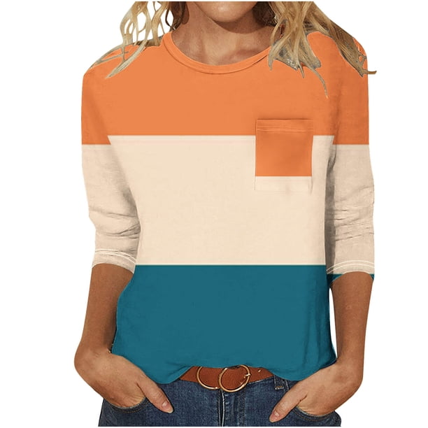 3/4 Manga Superior de las Mujeres Casual Color Sólido Cuello Redondo con Bolsillo, Blusa de Suéter para Primavera Verano Diario