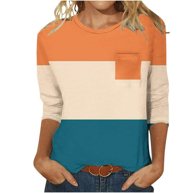 Lolmot Femmes Casual Couleur Unie Col Rond Manches 3/4 et 3/4 Poche Top