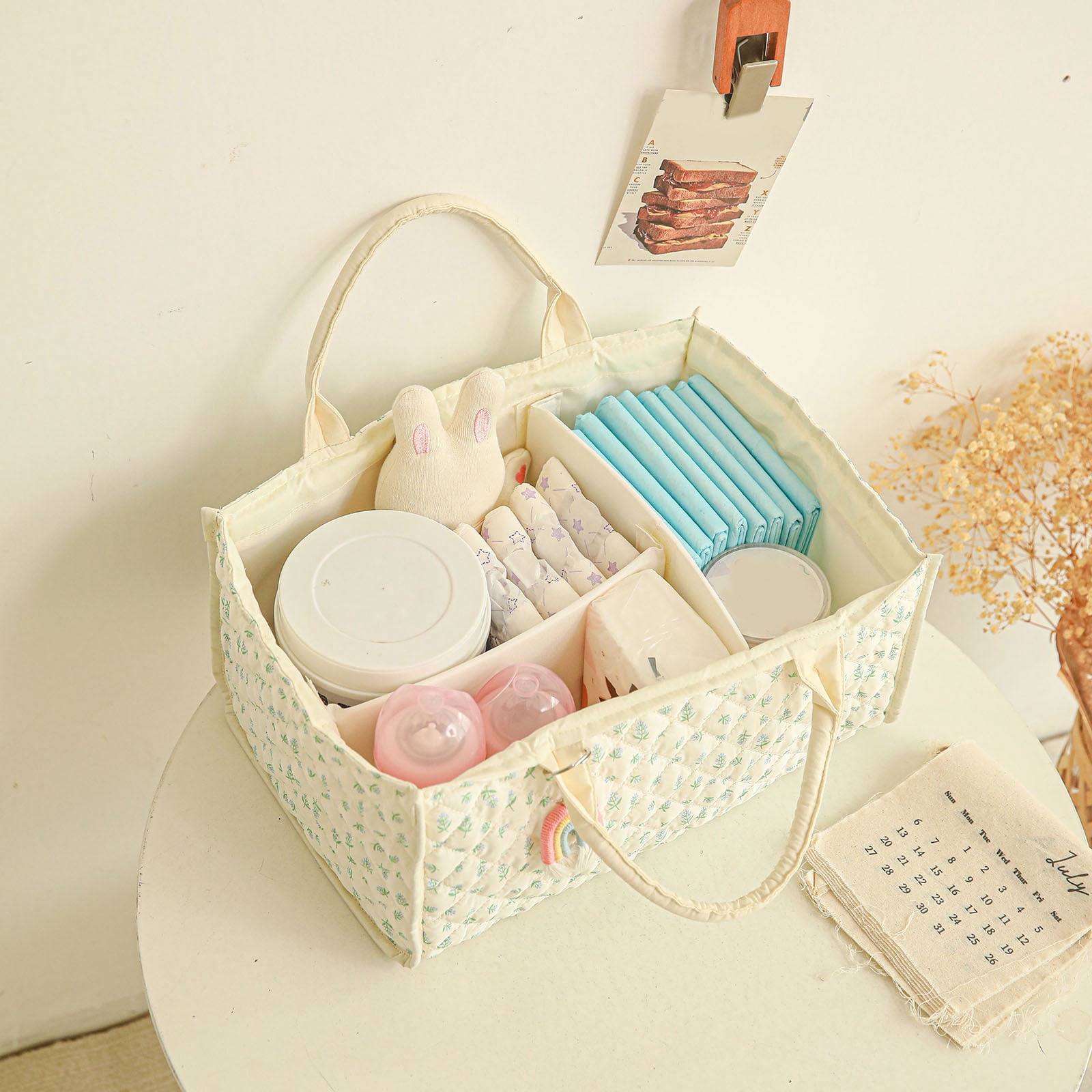 Baby Diaper Caddy Organizer, with Removable Divider Portable Stylish Nursery Storage Basket, Newborn Essentials, Newborn Caddie Car Travel，Botanical Floral