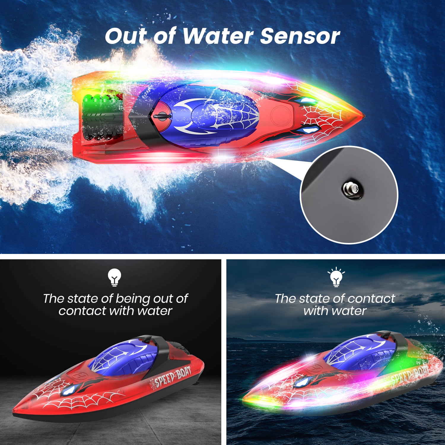 JoyStone RC Boat for Pools and Lakes, 2.4G Remote Control Boat with LED Lights, Racing Boats for Kids & Adults with 2 Rechargeable Battery, Gifts for Boys Girls (Red)