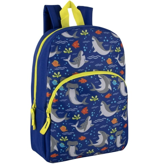 15 Inch Fun Printed Backpack with Front Zippered Pocket & Padded Adjustable Shoulder Straps in Seafaring Sharks