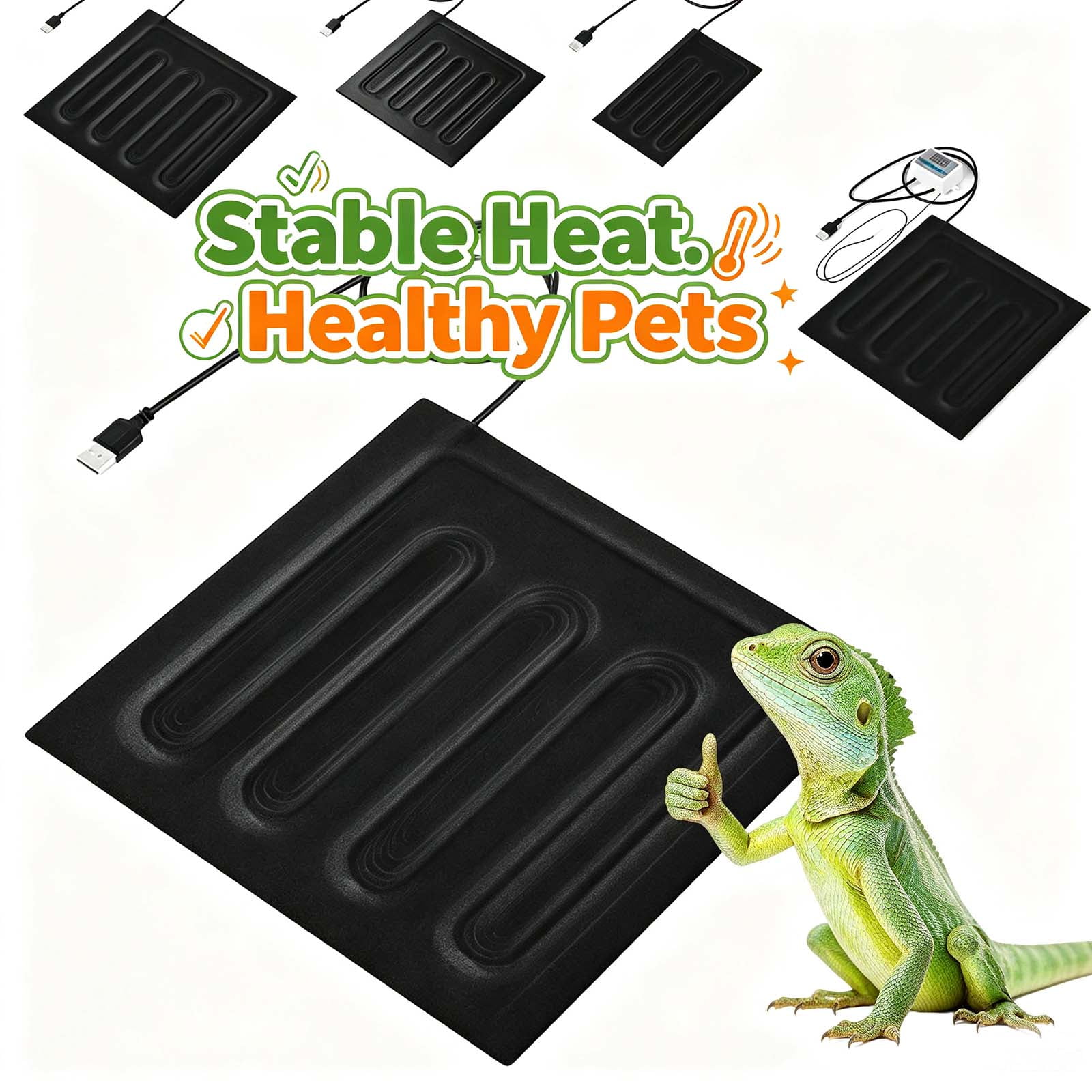 Reptile Heating Pad, 5V USB Power Terrarium Heater Mat, Safe Heat for Bearded Dragons, Snakes, Lizards, without Reptile Digital Thermostat, S _ 4"x8"