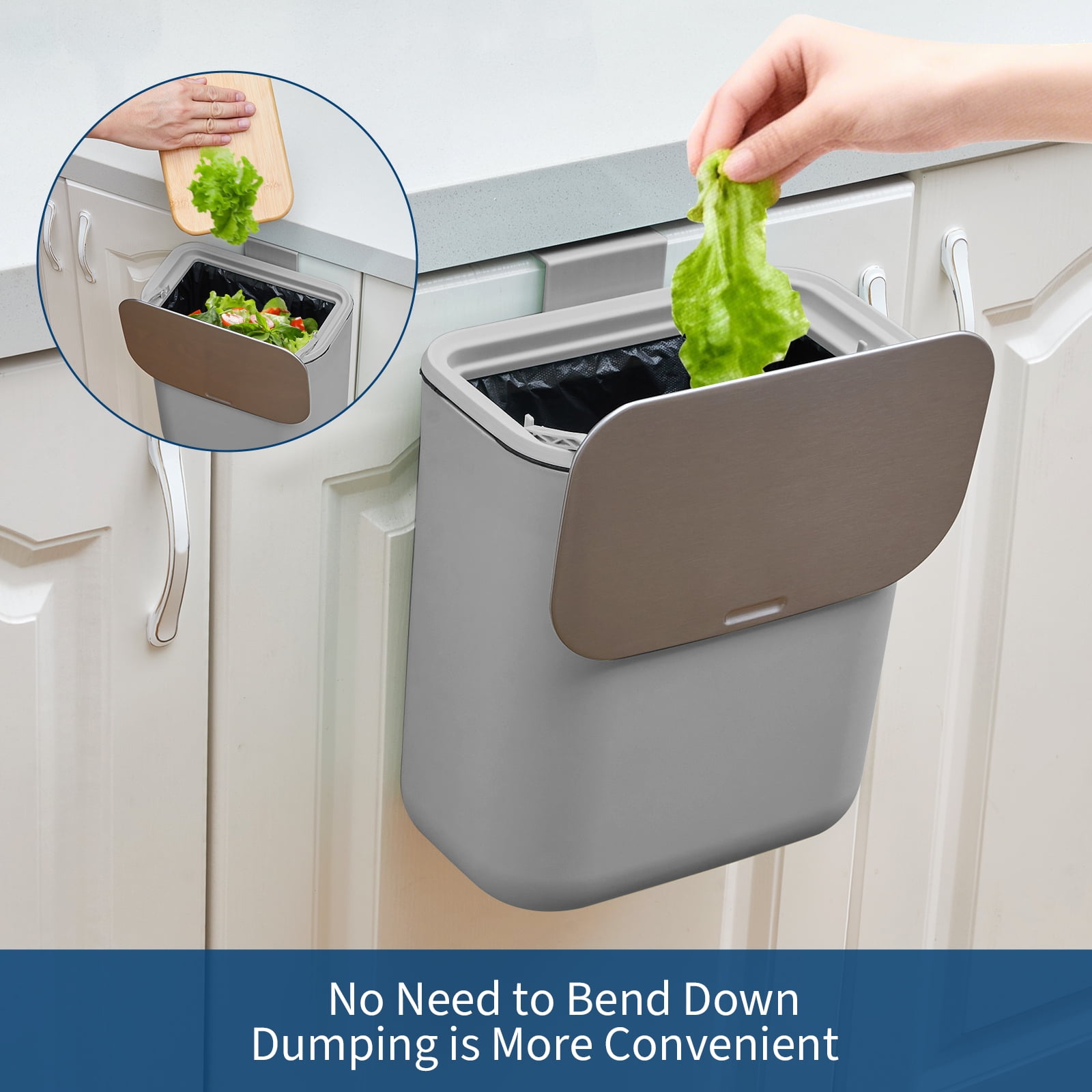 2.4 Gallon Kitchen Hanging Small Trash Can with Stainless Steel Lid, Odor-Free Compost Bin, Space-Saving Garbage Can for Cabinet, Under Sink, RV, Bathroom, Grey