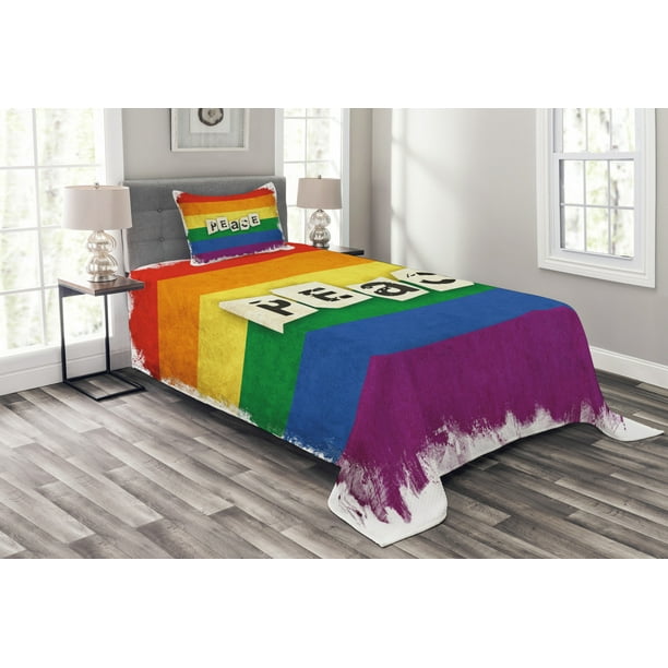 Pride Bedspread Set Twin Size, Grunge and Colorful Striped Backdrop