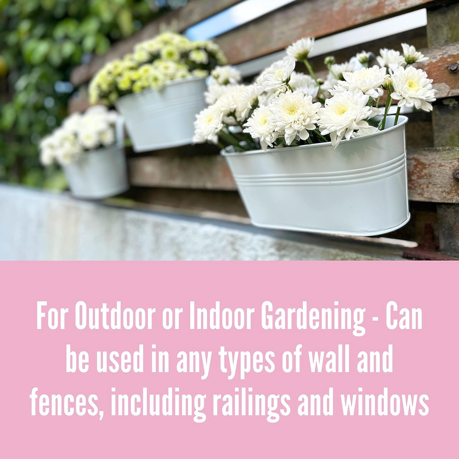 LaLaGreen Rail Planter Outdoor Plants (11.8 Inch, 8 Pack) White Metal Iron Hanging Flower Pots Deck Railings Fence Buckets Modern Countryside Boho Style Wall Mount Window Box Holder Hooks Porch Decor