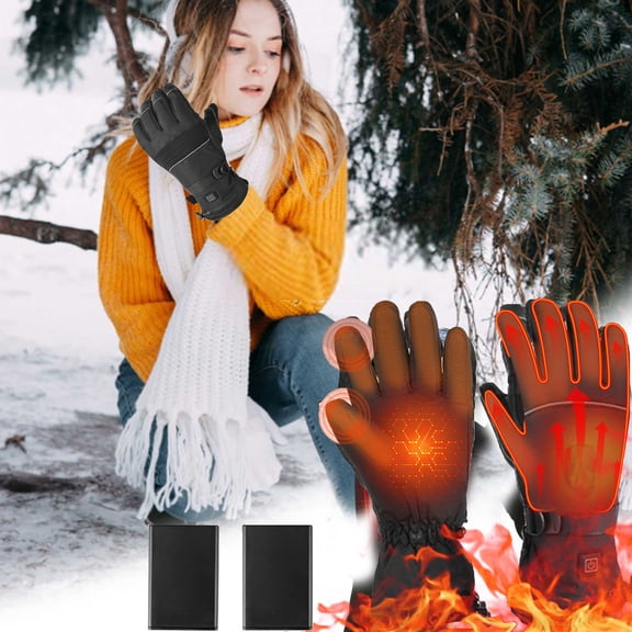Five Fingerss Full Hand Electrics Heating Gloves, Winter Ski Gloves Outdoor Cycling Sports Waterproof Touch Screen Warm Gloves with Adjustable Velcro, with 2 Battery