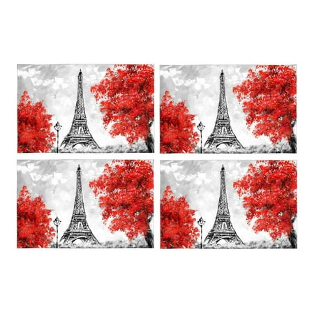 Mkhert France Paris Eiffel Tower Red Trees Placemats Table Mats
