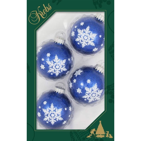 Ornements de Sapin de Noël en Verre - 67mm/2.63 Pouces [4 Pcs] Boules Décorées de Noël by Krebs Décoration de Vacances Suspendue Sans Couture (Éclat Bleu Foncé avec Flocons de Neige Blancs)
