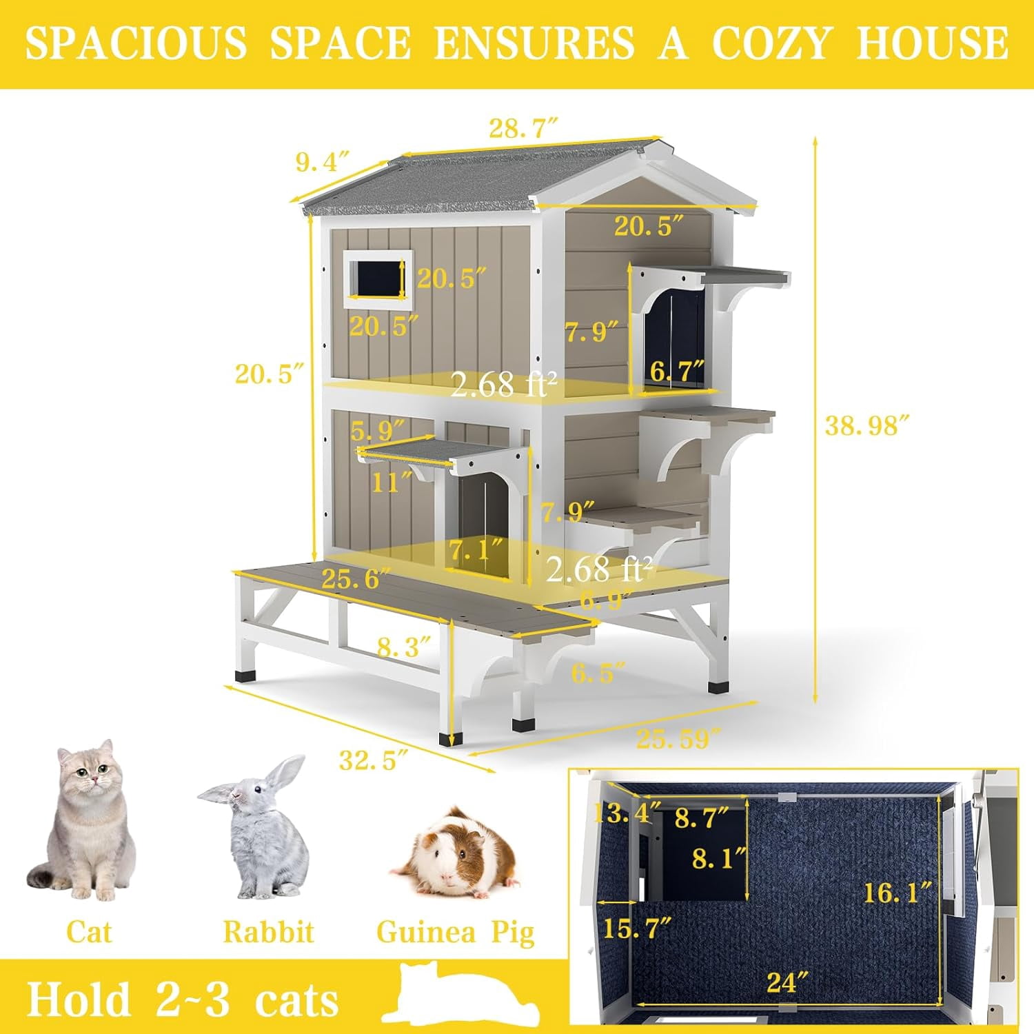 Petsblublu Insulated Outdoor Wooden Two Story Cat House Weatherproof Cats Shelter with 3 Jumping Platforms, Grey