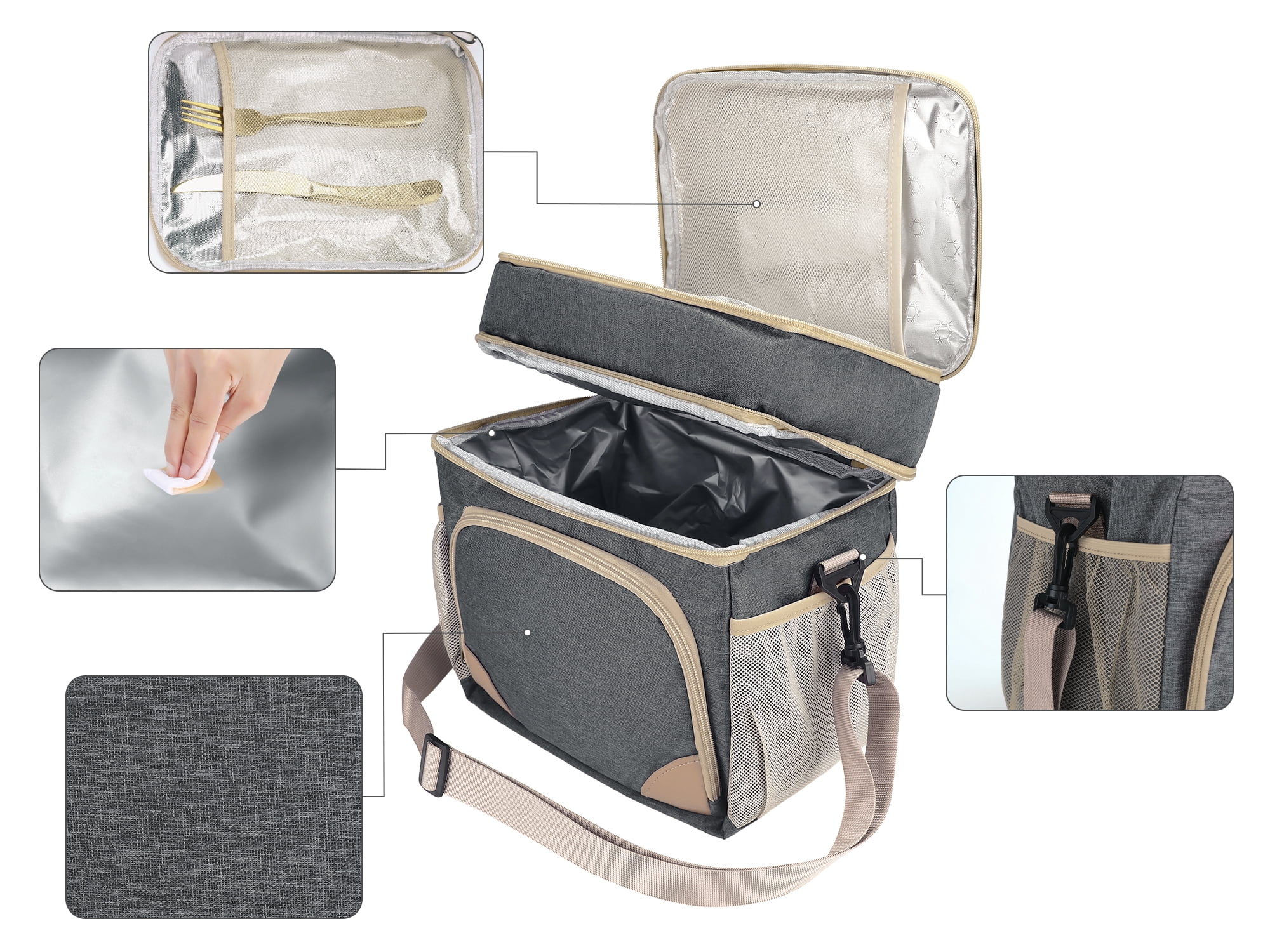 Unique Bargains Reusable Lunch Bag Insulated Lunch Bag Leakproof Lunch Box Gray