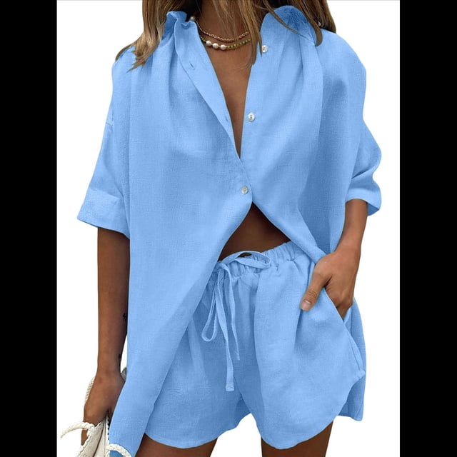 Conjunto de Chándal de 2 Piezas para Mujer, de Verano, con Top de Corta y Pantalones Cortos. Azul M