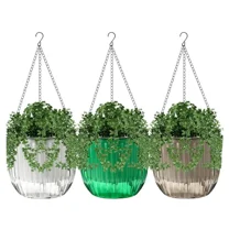 Scheam 3 Pack Hanging Pots with Drainage Holes,Self Watering Hanging Planters,Plastic Hanging Pot,Prefect for Spring Indoor Outdoor Garden Home Decorations (Emerald,Gray,Clear)