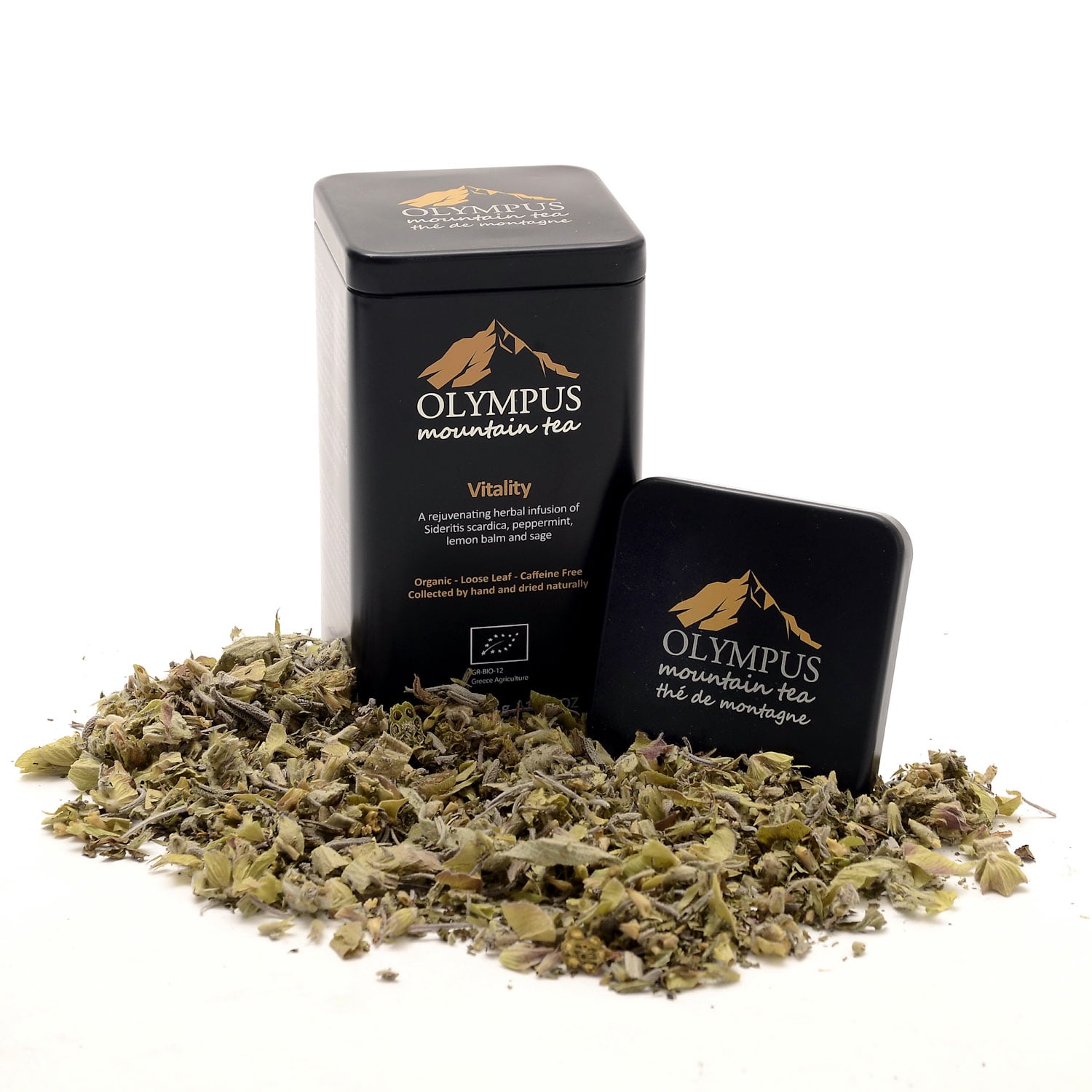 Vitality OLYMPUS Mountain Tea. Organic Greek Mountain  Tea Herb Mix of: Sideritis Scardica - Peppermint-Lemon Balm - Sage. Metal Tin Box 50 g / 1.76 oz