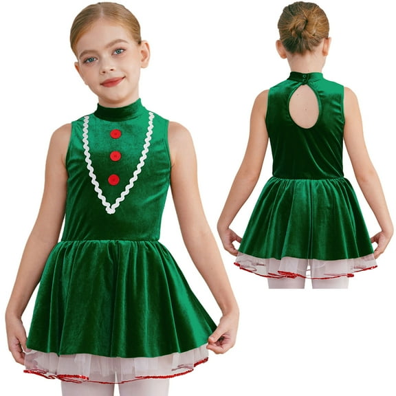 TiaoBug Christmas Gingerbread Costume for Kids Girls Cookie Role Play Velvet Tutu Dress Dancewear Green 12