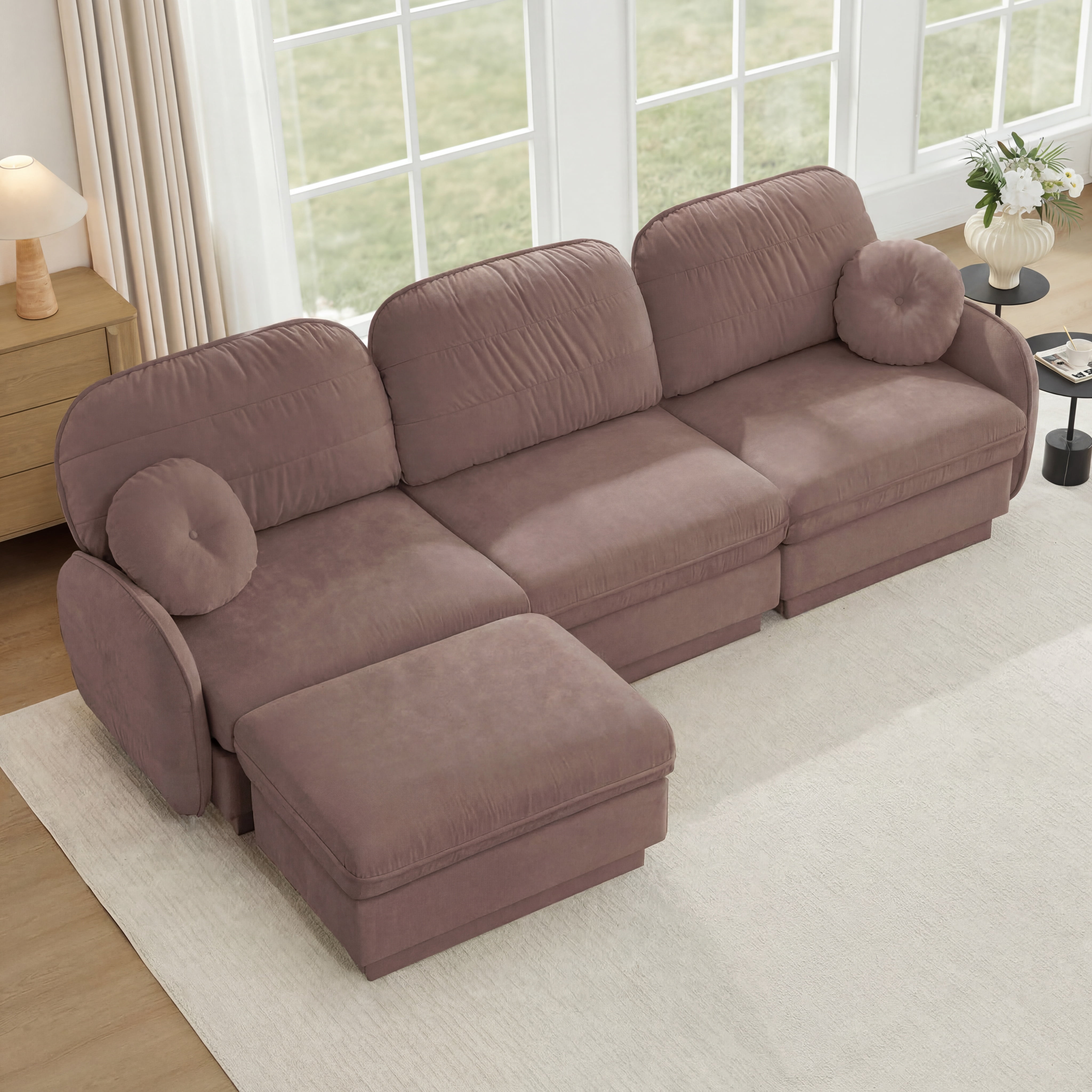 Mintazer 105" Chenille Cloud 3-Seater Modular Sectional Sofa with Movable Ottoman & Round Pillows, L-Shaped Ergonomic Sofa Couch for Living Room, Apartment, Rose Dust