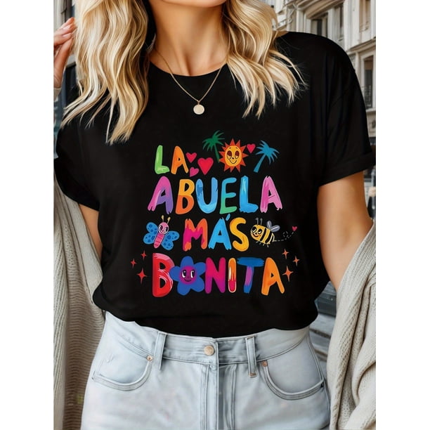 Women's Black & White T-Shirt - "Grandma is Beautiful" Spanish Graphic Print with Colorful Hearts, Flowers & Bees - rthday Gift for Her, Seasonal Fashion, Trendy Style, Breathable Material, ShSoft St