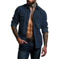 thumbnail image 2 of WTOBBY Men's Summer jean Shirt Lapel Collar Long Sleeve Solid Color Casual Fashion Button Front Lightweight Breathable Daily Office Wear Top,Navy L, 2 of 5