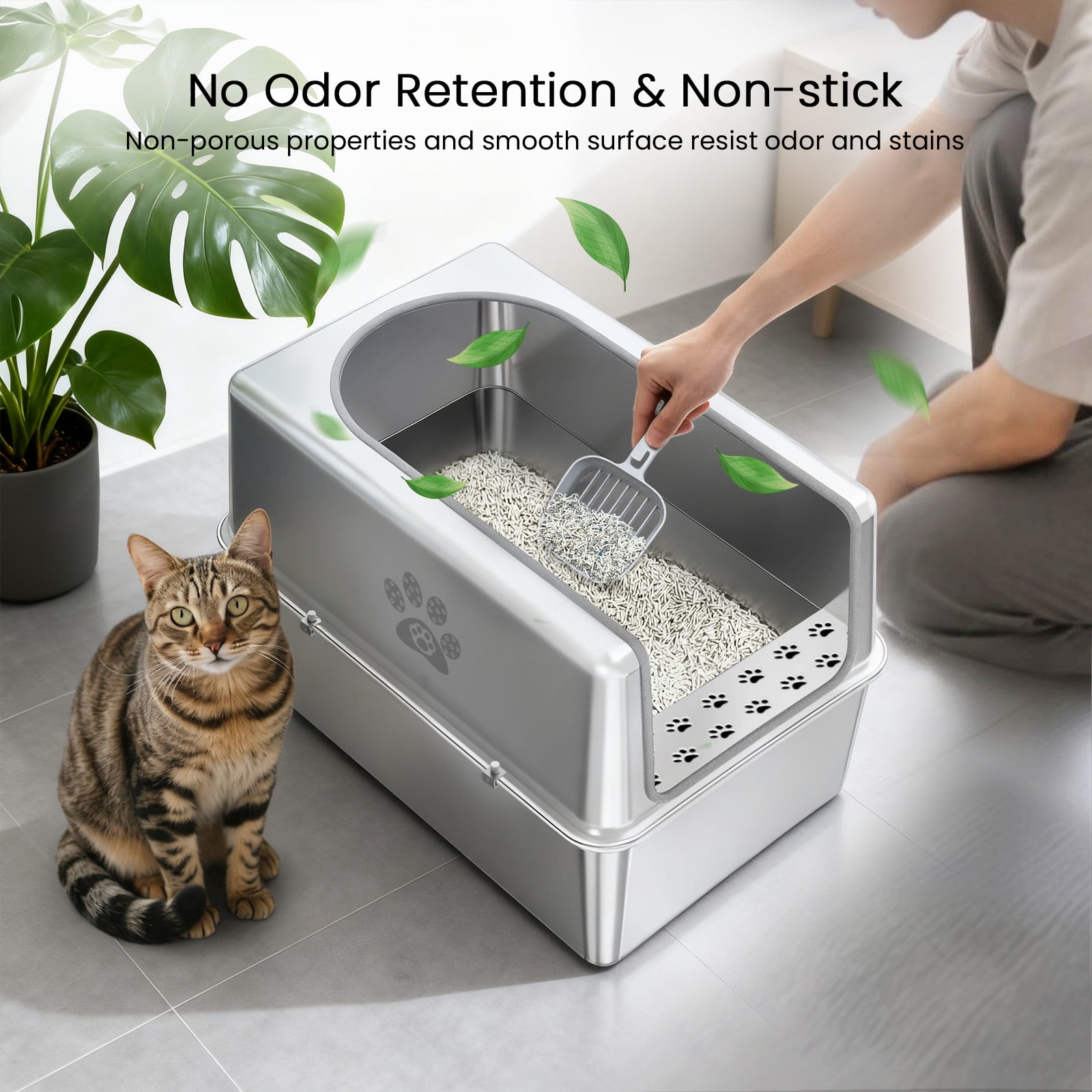 Ptlom Stainless Steel Litter Box with Lid Extra Large Cat Litter Box Metal Litter Pan 23.6" X 15.7" X 15.7"