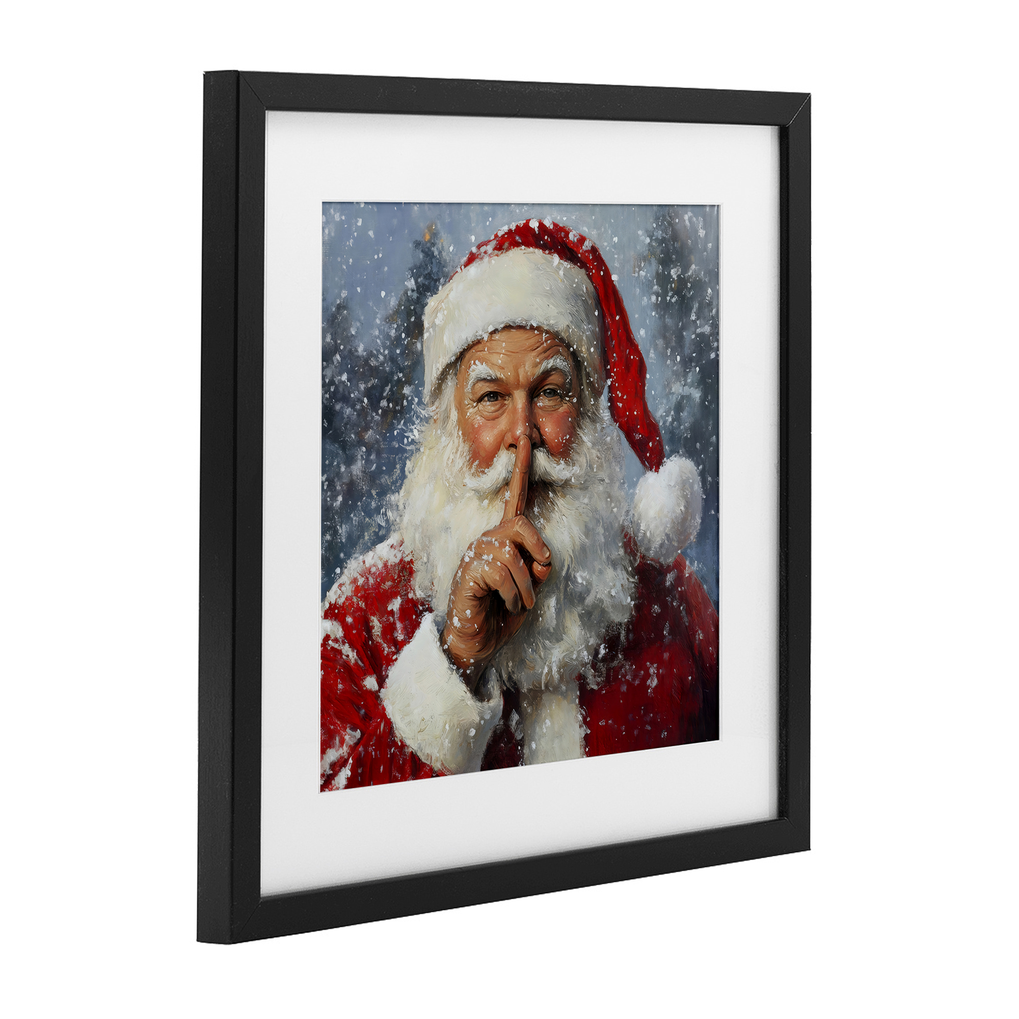 Secret Santa Shh Black Framed Print Under Glass, design by Petal Prints Design