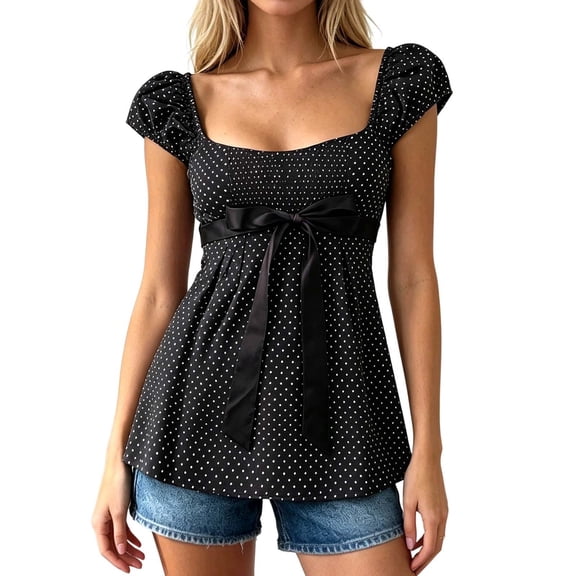 OOOUM Women sweet Polka Dot Blouse Square Neck Puff Cap Sleeve Satin Bow shirts Cute Casual Summer Flowy Shirt Tops Black S