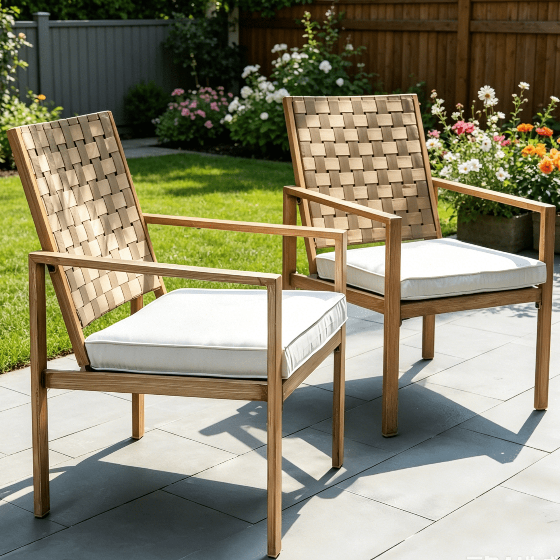 MOONMISS 2 Pack Patio Dining Chairs, Wood Grain Iron Frame Outdoor Chairs with Handmade Drawstring Design, Waterproof Removable Cushion, Ideal for Patio, Deck, Garden & Yard