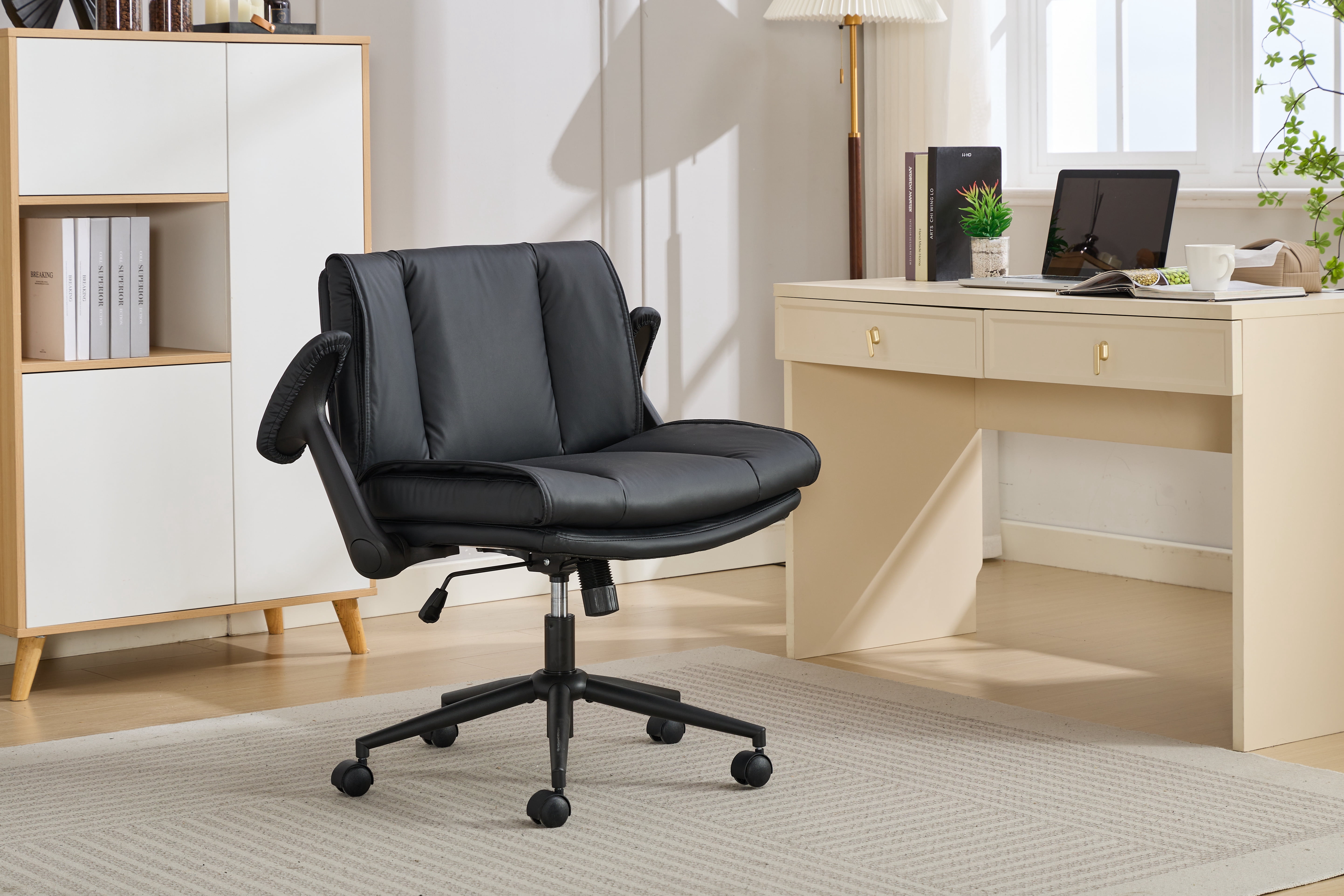 Cross Legged Office Chair on Wheels, Comfy Swivel Chair with Wide Seat for Home Office, Vanity, Ergonomic Desk Chair Adjustable, Black