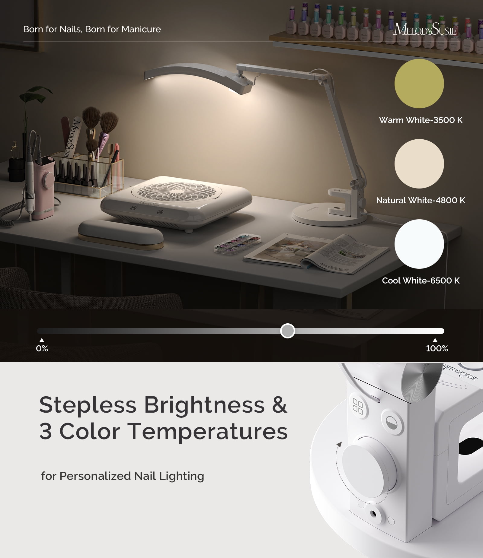 MelodySusie LED Manicure Table Lamp for Nail Techs, S-Pro29G Professional Nail Desk Light with Magnetic UV Curing Lamp