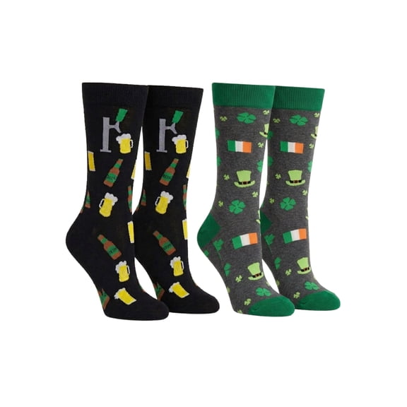 Men's St Patricks Day Irish Luck and Beer Tap w/ Mugs Socks 2-Pairs Black Gray