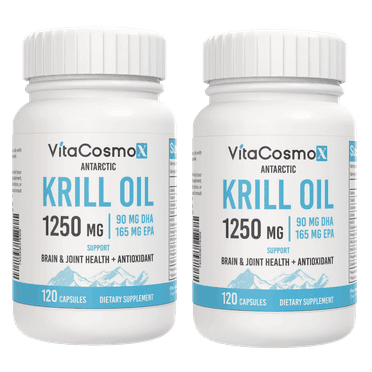 2 Pack - VitaCosmoX Antarctic Superba Krill Oil 1250 mg with Omega 3 Fatty Acids, EPA, DHA, Phospholipids, Astaxanthin