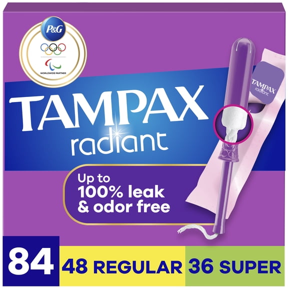 Tampax Radiant Tampons Multipack, with LeakGuard Braid, Regular/Super Absorbency, Unscented, 84 Count