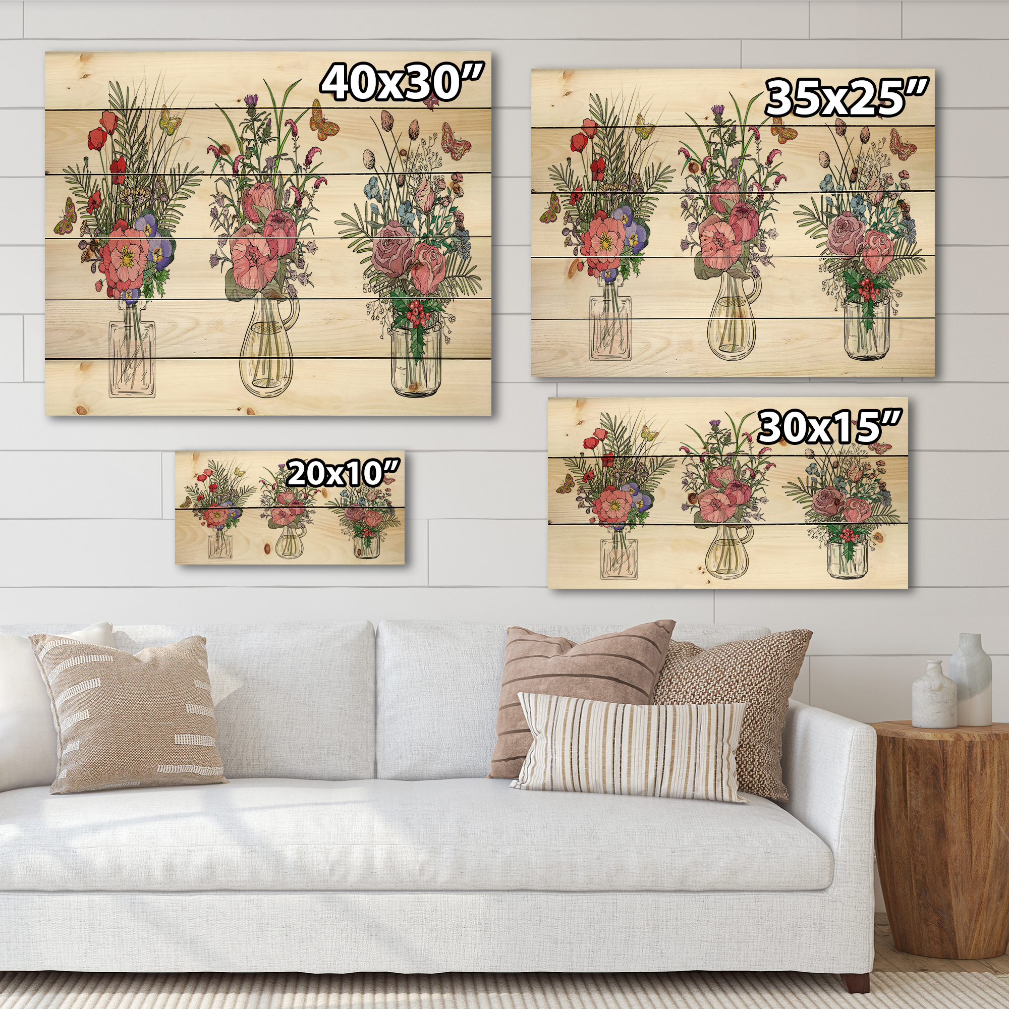 Designart 'Transparent Vases With Bouquets of Wildflowers II' Farmhouse Print on Natural Pine Wood
