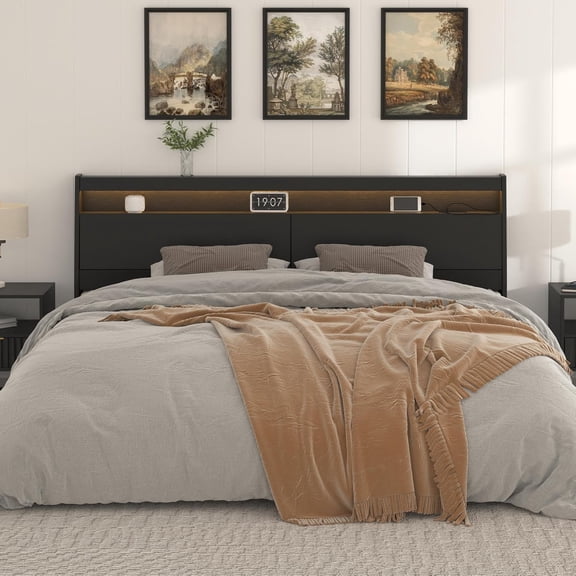 Headboard Only Bed Backboard with Storage,Skirting Groove, Power Outlet, 2 USB Ports and LED Light Sturdy and Stable Wooden White Headboard (Black, Queen (U.S. Standard))