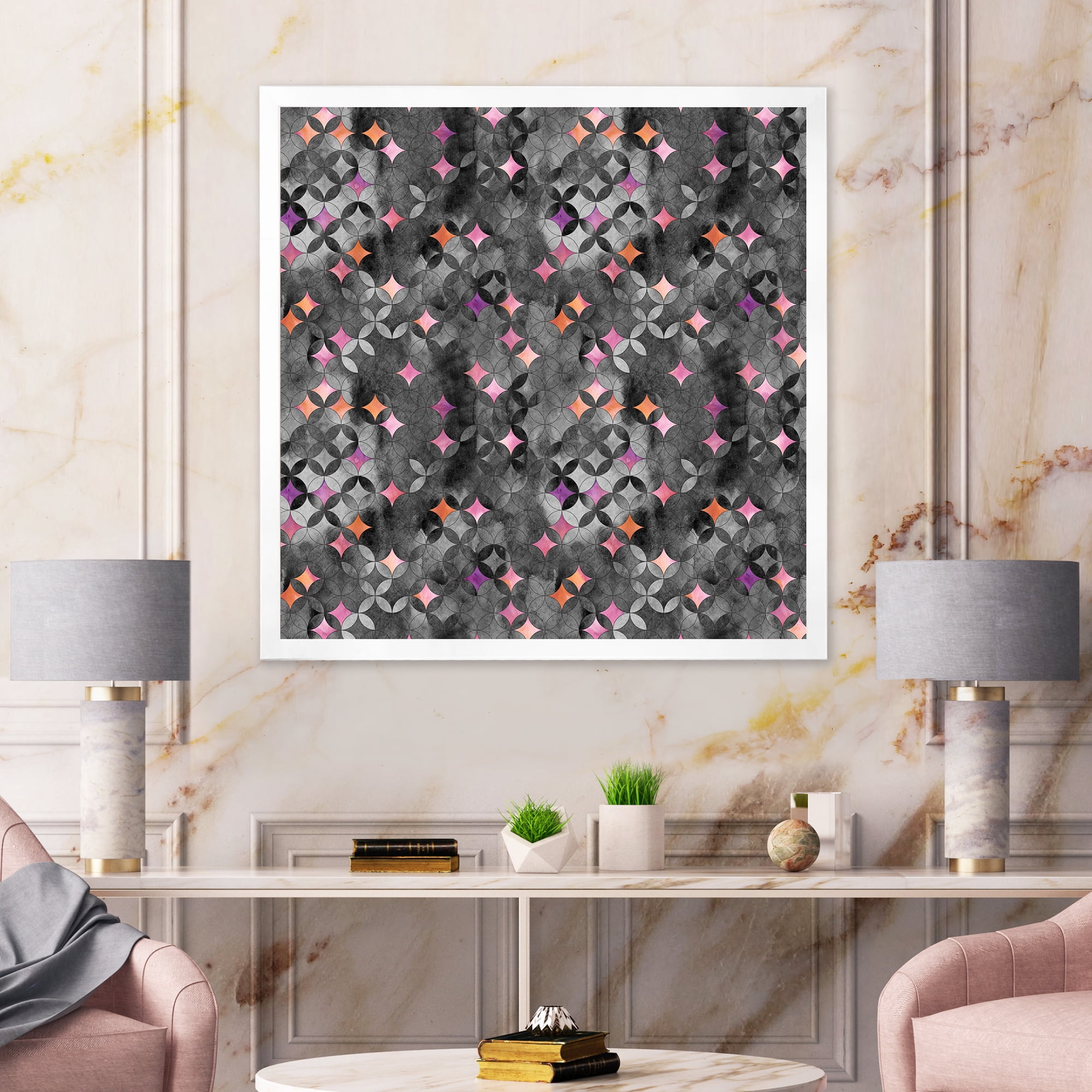 Designart 'Geometry Pink Stars With Intersecting Circles' Modern Framed Art Print