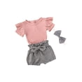 thumbnail image 2 of Seyurigaoka 3Pcs Baby Summer Outfits Solid Color Romper+ Plaid Shorts+ Hairband, 2 of 9