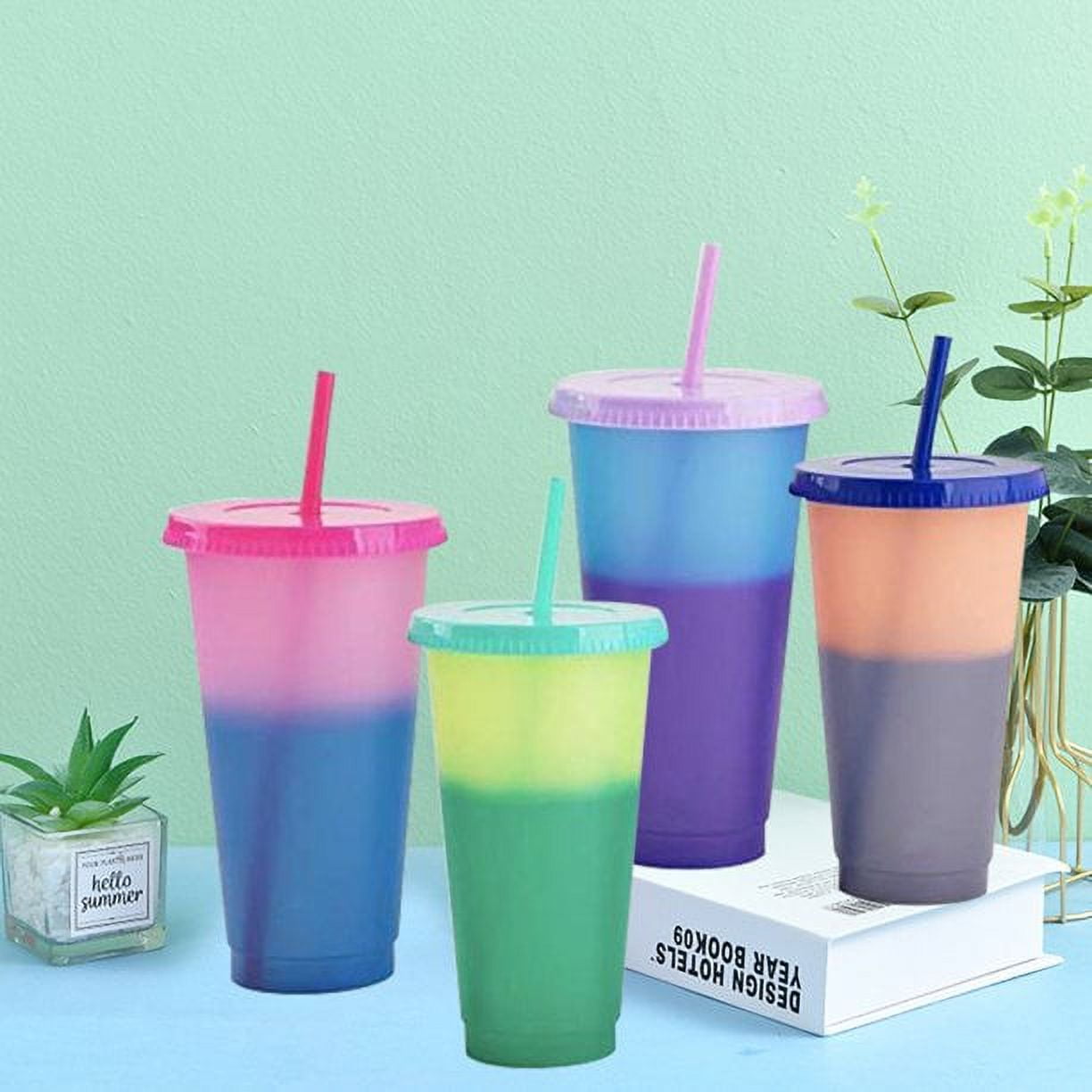 Triani Plastic Cups with Lids and Straws for Adults - 5 Reusable Cold Cups  in Bright Colors, 24oz Color Changing Cups Iced Coffee Cup,Smoothie