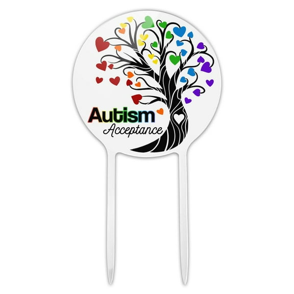Acrylic Autism Acceptance Tree of Life with Hearts Cake Topper Party Decoration for Wedding Anniversary Birthday Graduation