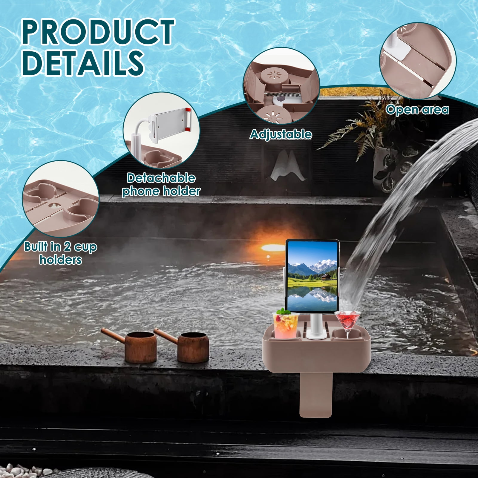 NUAHRHY Hot Tub Tray 3 In 1 Multifunctional Table with Cup Holder and Phone Holder Spas Caddy Drink Tray for Most Inflatable Hot Tub Spas Above Ground Pools