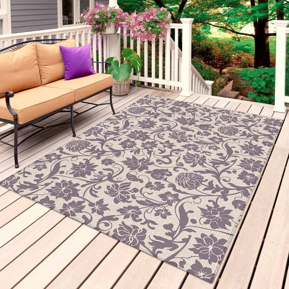 Purple Floral Outdoor Rug 5x7 Ft, Non Slip Washable Area Rug, Spring Plants Flowers Vintage Rustic Patio Rugs Carpet Runner, Large Floor Mat for Indoor/Outdoor Deck Porch Camping